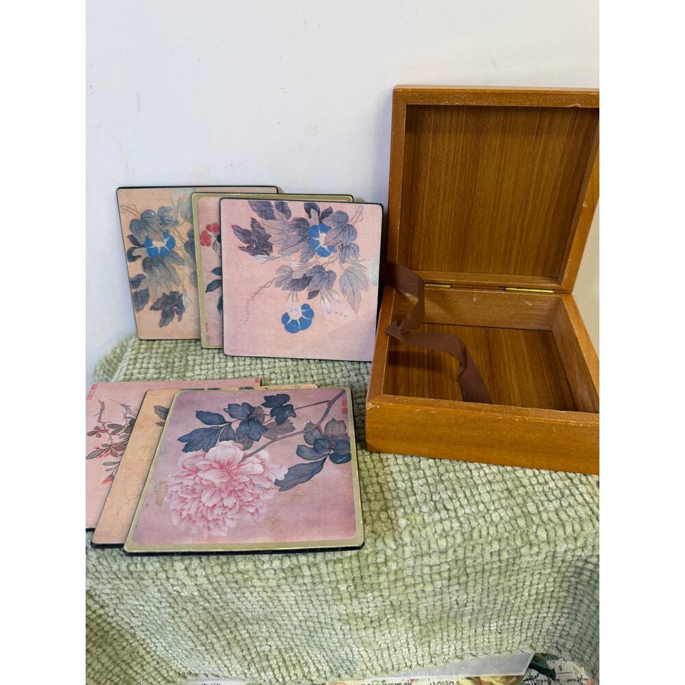 Vintage Wooden Coaster Set Box Floral Asian Style Cork Back 6pc